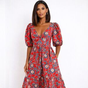 House of Harlow 1960 Boho Dress XL Midi Red Floral Puff Sleeves Pink Lotus